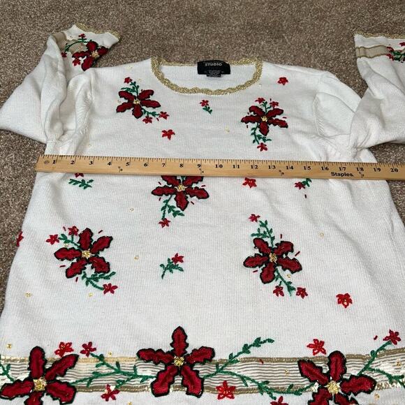 Vintage White Christmas Sweater 90s Beaded Xmas Poinsettia Embroidered Jumper LG - Picture 4 of 7